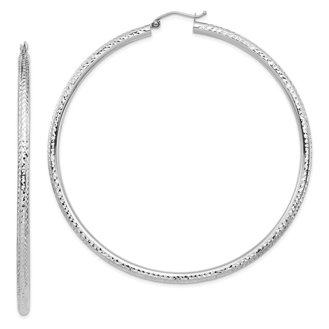 14k White Gold Lightweight Diamond-cut Hoop Earrings, 70 x 3mm