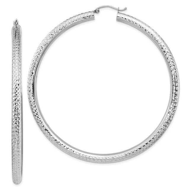 14k White Gold Diamond-cut Lightweight Round Tube Hoop Earrings, 70 x 4mm