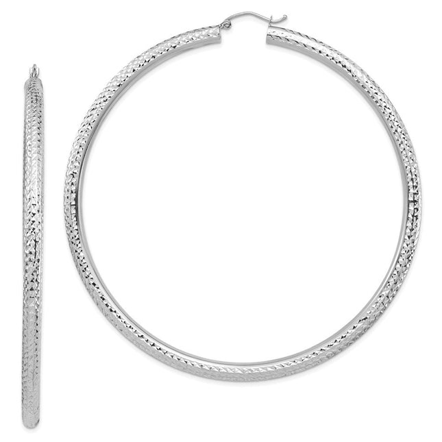 14k White Gold Diamond-cut Lightweight Round Tube Hoop Earrings, 80 x 4mm