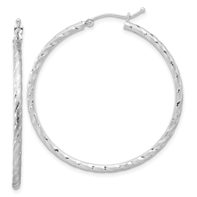 14k White Gold Polished and Satin D/C Hoop Earrings, 40 x 2mm