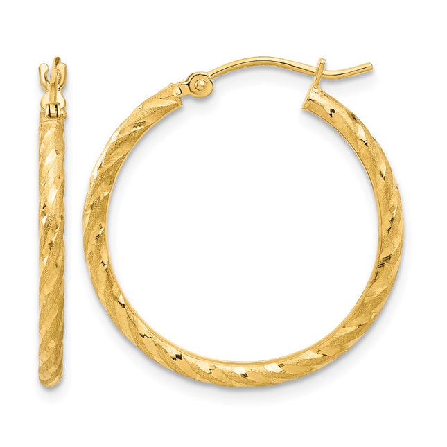 14k Polished and Satin D/C Hoop Earrings, 25 x 2mm