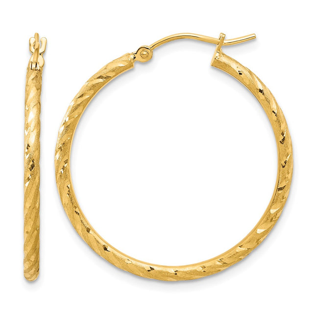 14k Polished and Satin D/C Hoop Earrings, 30 x 2mm