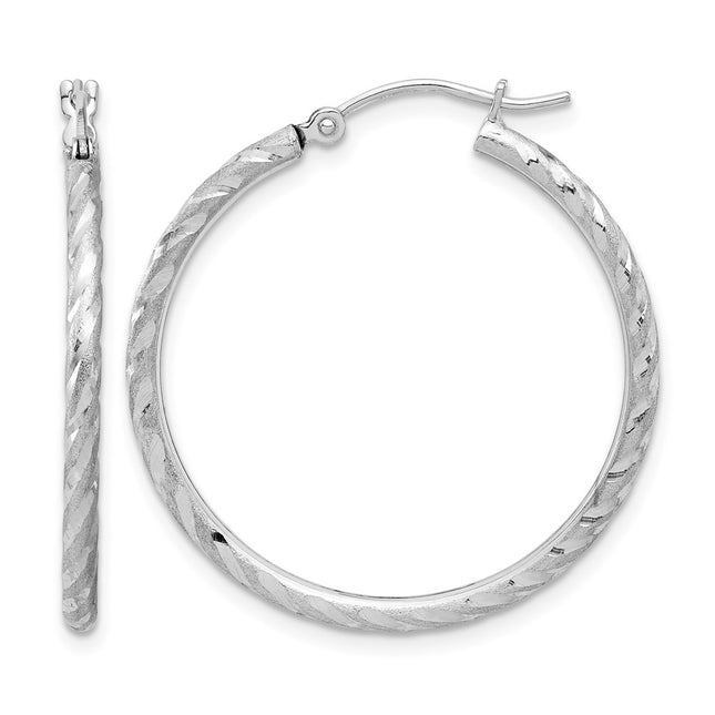 14k White Gold Polished and Satin D/C Hoop Earrings, 30 x 2mm