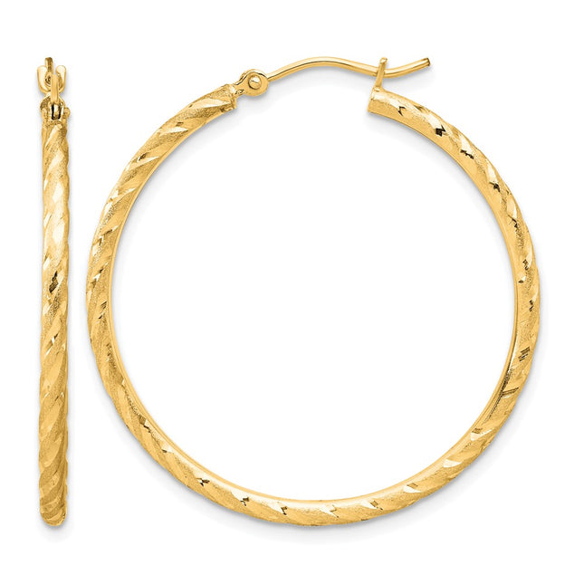 14k Polished and Satin D/C Hoop Earrings, 35 x 2mm