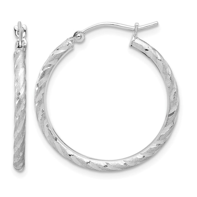 14k White Gold Polished and Satin D/C Hoop Earrings, 25 x 2mm