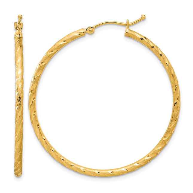 14k Polished and Satin D/C Hoop Earrings, 40 x 2mm