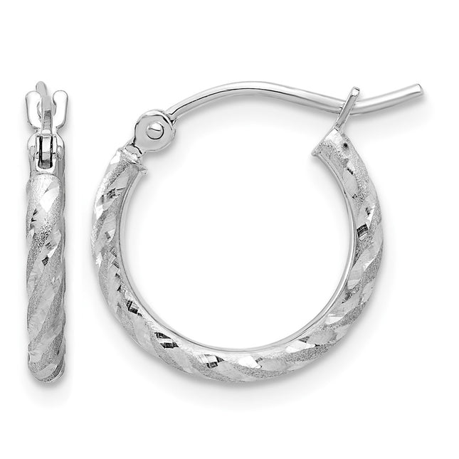 14k White Gold Polished and Satin D/C Hoop Earrings, 15 x 2mm