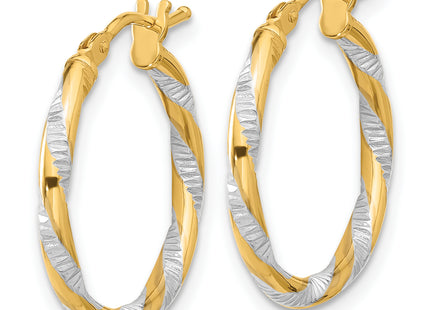 14K and White Rhodium Polished Diamond-cut Hoop Earrings