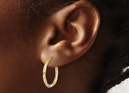 14K and White Rhodium Polished Diamond-cut Hoop Earrings