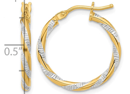 14K and White Rhodium Polished Diamond-cut Hoop Earrings