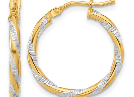 14K and White Rhodium Polished Diamond-cut Hoop Earrings