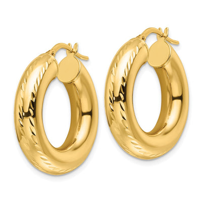 14K Polished Diamond-cut Hollow Round Hoop Earrings