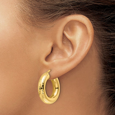 14K Polished Diamond-cut Hollow Round Hoop Earrings
