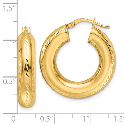 14K Polished Diamond-cut Hollow Round Hoop Earrings