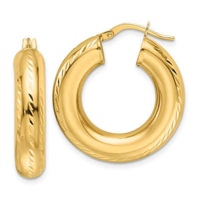 14K Polished Diamond-cut Hollow Round Hoop Earrings