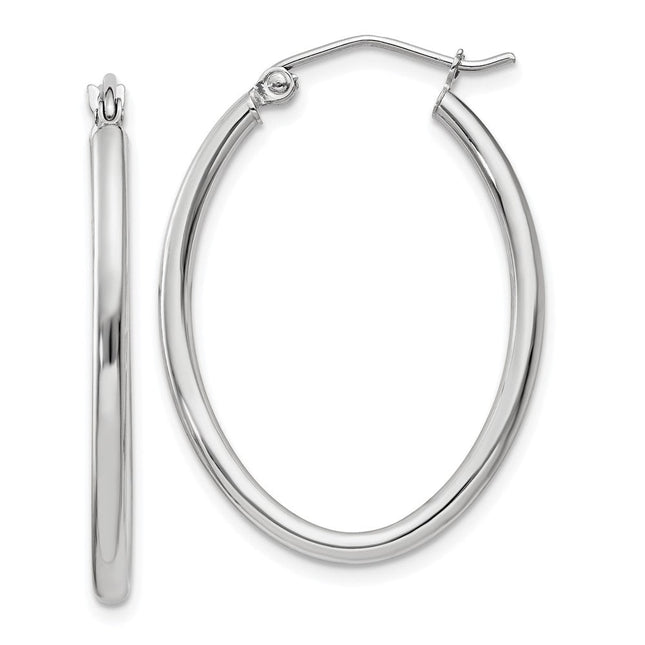 14k White Gold Polished Oval Tube Hoop Earrings, 30 x 2mm