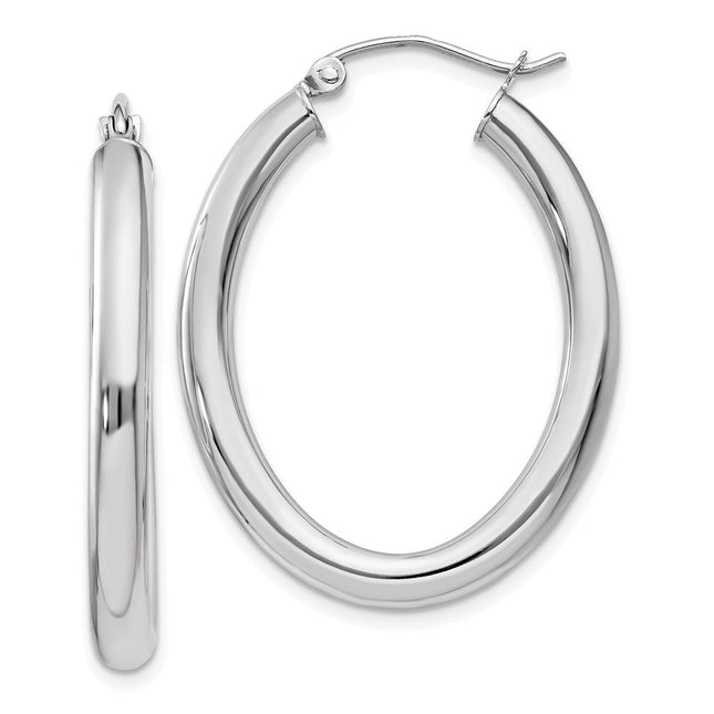 14k White Gold Polished Oval Tube Hoop Earrings, 32 x 3.5mm