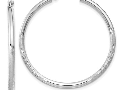 14k White Gold Satin and Diamond-cut Round Hoop Earrings (Style TC195)