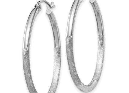 14k White Gold Satin and Diamond-cut Round Hoop Earrings (Style TC196)