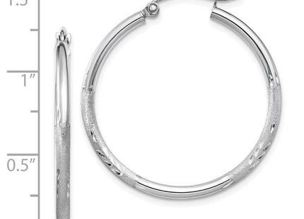14k White Gold Satin and Diamond-cut Round Hoop Earrings (Style TC196)