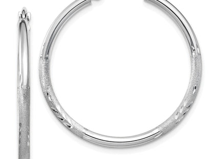14k White Gold Satin and Diamond-cut Round Hoop Earrings (Style TC196)