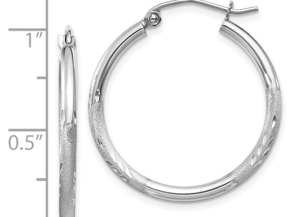 14k White Gold Satin and Diamond-cut Round Hoop Earrings (Style TC197)