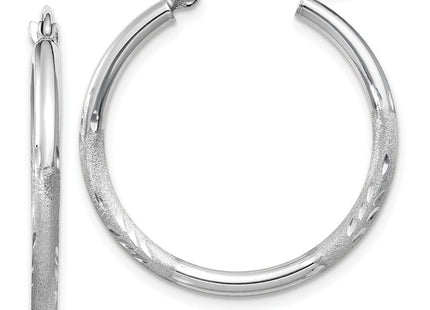 14k White Gold Satin and Diamond-cut Round Hoop Earrings (Style TC197)