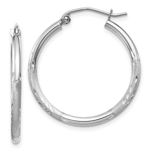14k White Gold Satin and Diamond-cut Round Hoop Earrings (Style TC197)