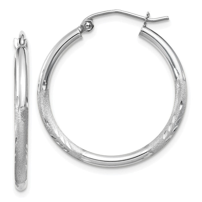 14k White Gold Satin and Diamond-cut Round Hoop Earrings, 25 x 2mm