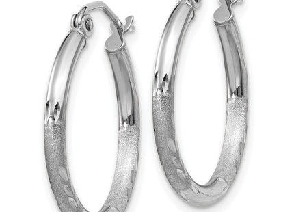 14k White Gold Satin and Diamond-cut Round Hoop Earrings (Style TC198)