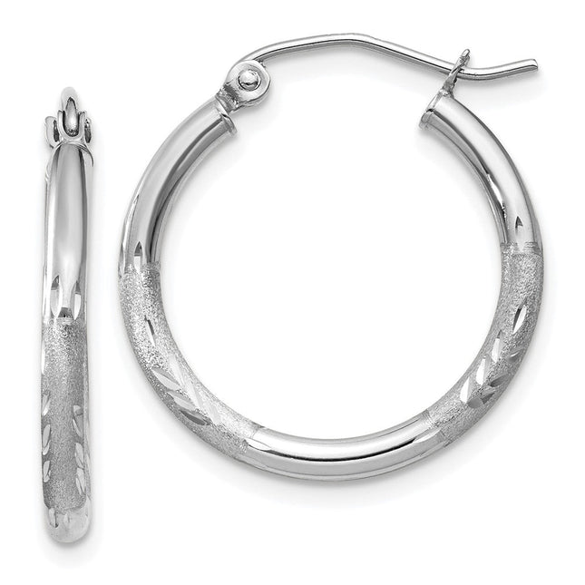 14k White Gold Satin and Diamond-cut Round Hoop Earrings, 20 x 2mm