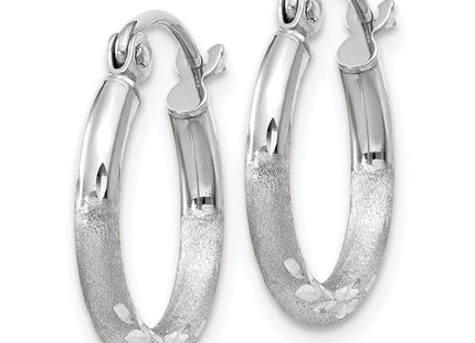 14k White Gold Satin and Diamond-cut Round Hoop Earrings (Style TC199)