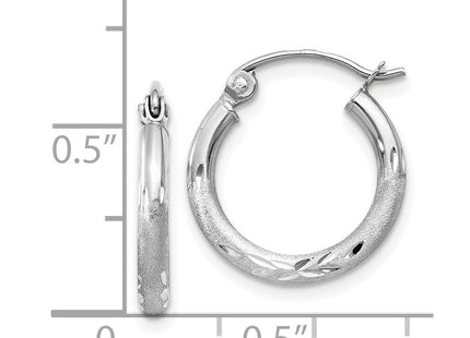 14k White Gold Satin and Diamond-cut Round Hoop Earrings (Style TC199)