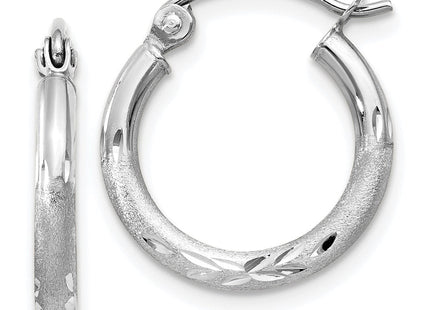 14k White Gold Satin and Diamond-cut Round Hoop Earrings (Style TC199)