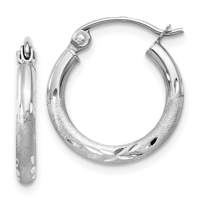 14k White Gold Satin and Diamond-cut Round Hoop Earrings, 15 x 2mm