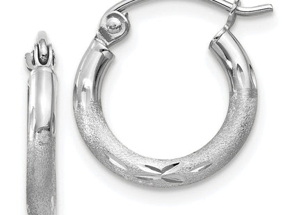 14k White Gold Satin and Diamond-cut Round Hoop Earrings (Style TC200)