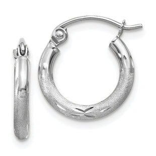 14k White Gold Satin and Diamond-cut Round Hoop Earrings (Style TC200)