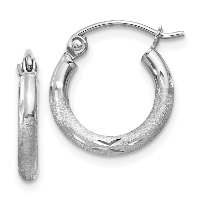 14k White Gold Satin and Diamond-cut Round Hoop Earrings, 13 x 2mm