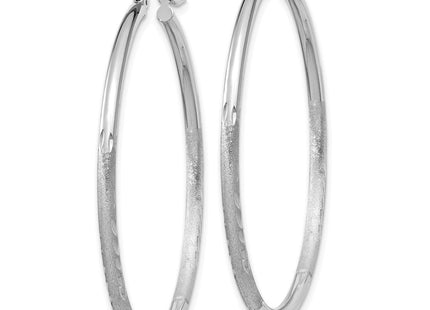 14k White Gold Satin and Diamond-cut Round Hoop Earrings (Style TC201)