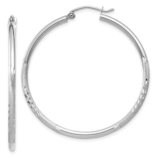 14k White Gold Satin and Diamond-cut Round Hoop Earrings (Style TC201)