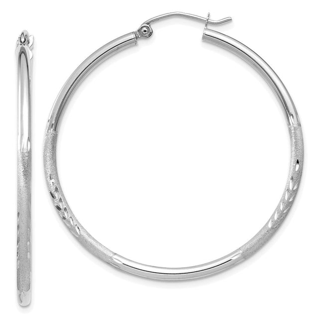 14k White Gold Satin and Diamond-cut Round Hoop Earrings, 40 x 2mm