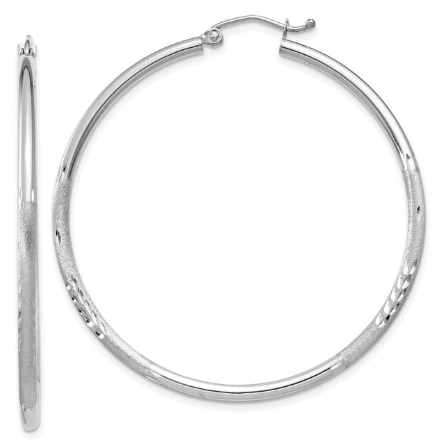 14k White Gold Satin and Diamond-cut Round Hoop Earrings, 45 x 2mm