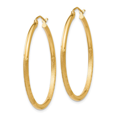 14K Satin and Diamond-cut Round Tube Hoop Earrings, 35 x 2mm