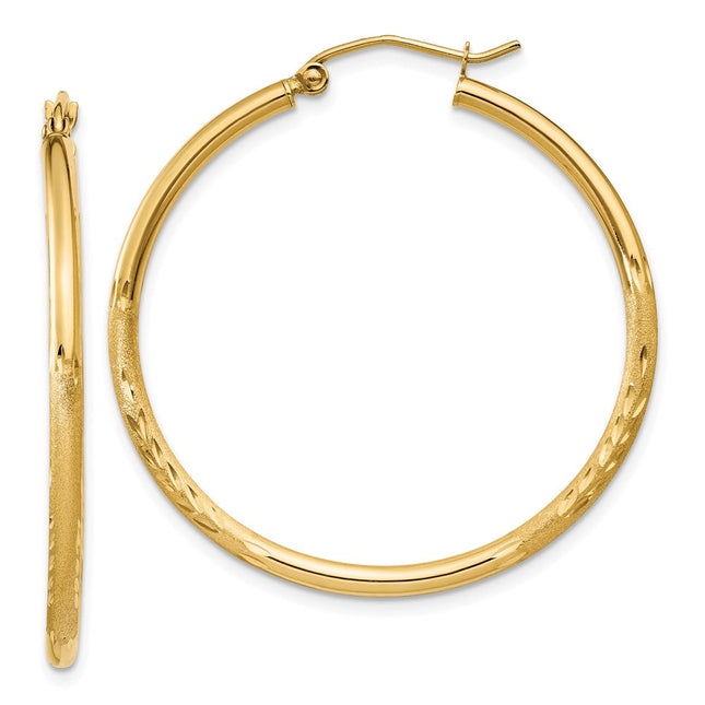 14k Satin and Diamond-cut Round Tube Hoop Earrings, 35 x 2mm