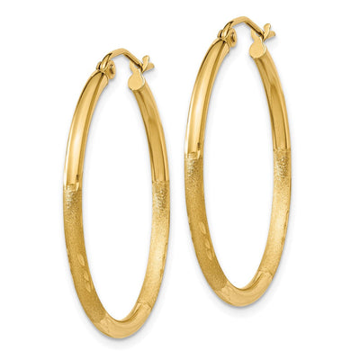 14K Satin and Diamond-cut Round Tube Hoop Earrings, 30 x 2mm