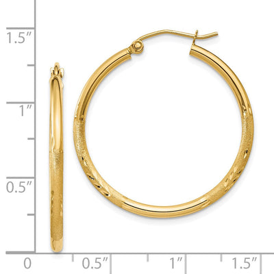 14K Satin and Diamond-cut Round Tube Hoop Earrings, 30 x 2mm