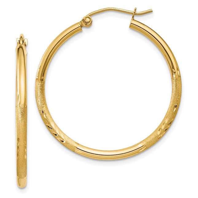 14k Satin and Diamond-cut Round Tube Hoop Earrings, 30 x 2mm