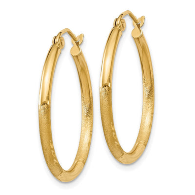14K Satin and Diamond-cut Round Tube Hoop Earrings, 25 x 2mm