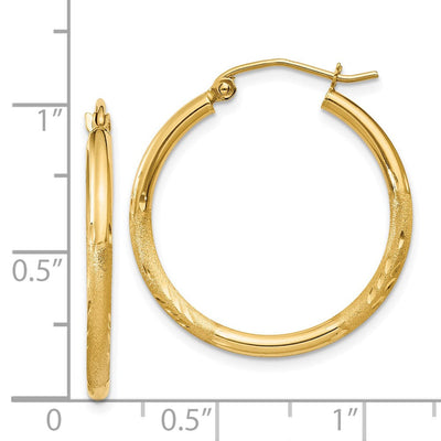 14K Satin and Diamond-cut Round Tube Hoop Earrings, 25 x 2mm
