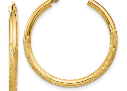 14k Satin and Diamond-cut Round Tube Hoop Earrings (Style TC209)